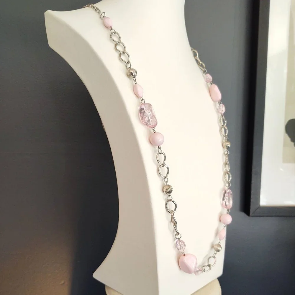 Long silver chain necklace with pink beads
